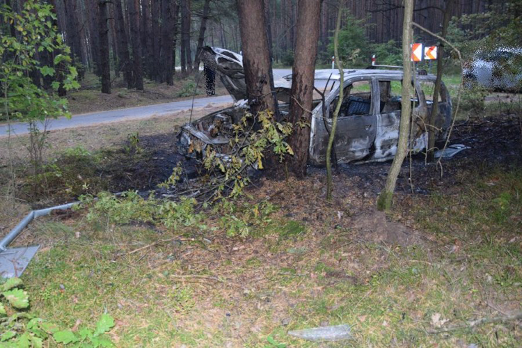 Pijany kierowca uderzył w drzewo. Auto spłonęło