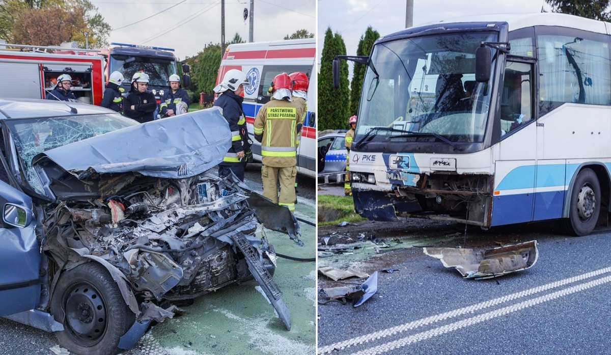 Wypadek autobusu z dziećmi w Klukach. Droga całkowicie zablokowana [FOTO] - Zdjęcie główne