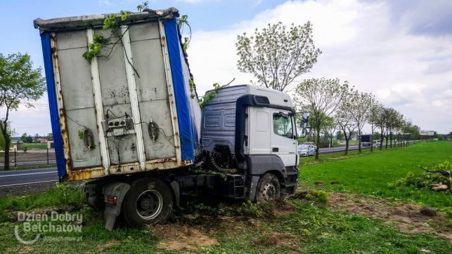 Niebezpiecznie pod Bełchatowem. TIR ściął drzewo, żeby nie staranować osobówki [FOTO] - Zdjęcie główne