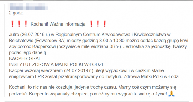 12-letni Kacper poszkodowany w wypadku w Wypychowie potrzebuje krwi. W piątek organizowana jest zbiórka - Zdjęcie główne