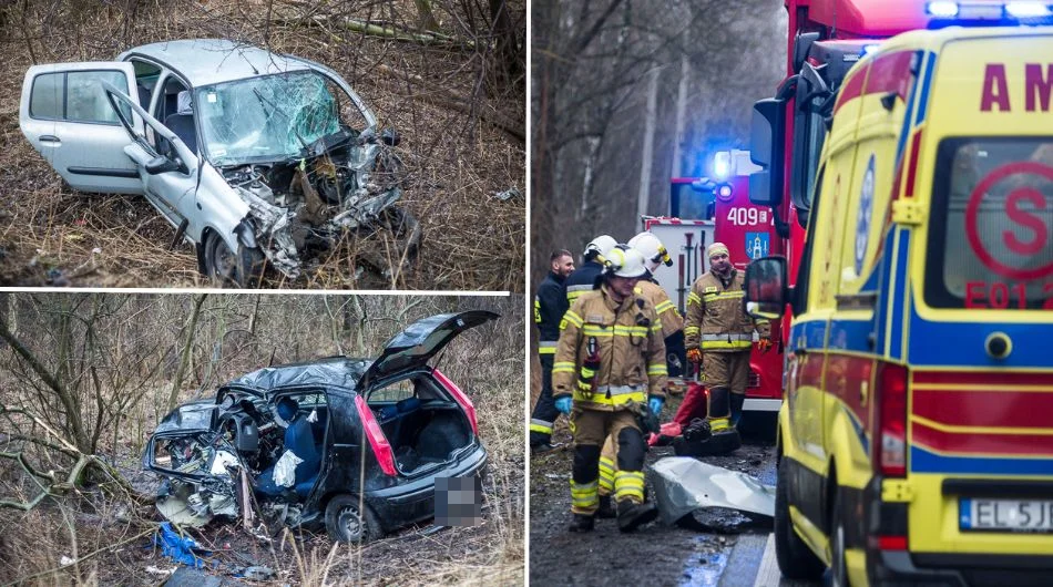 Zderzenie trzech pojazdów pod Bełchatowem. Śmigłowiec zabrał ranną osobę [FOTO] - Zdjęcie główne