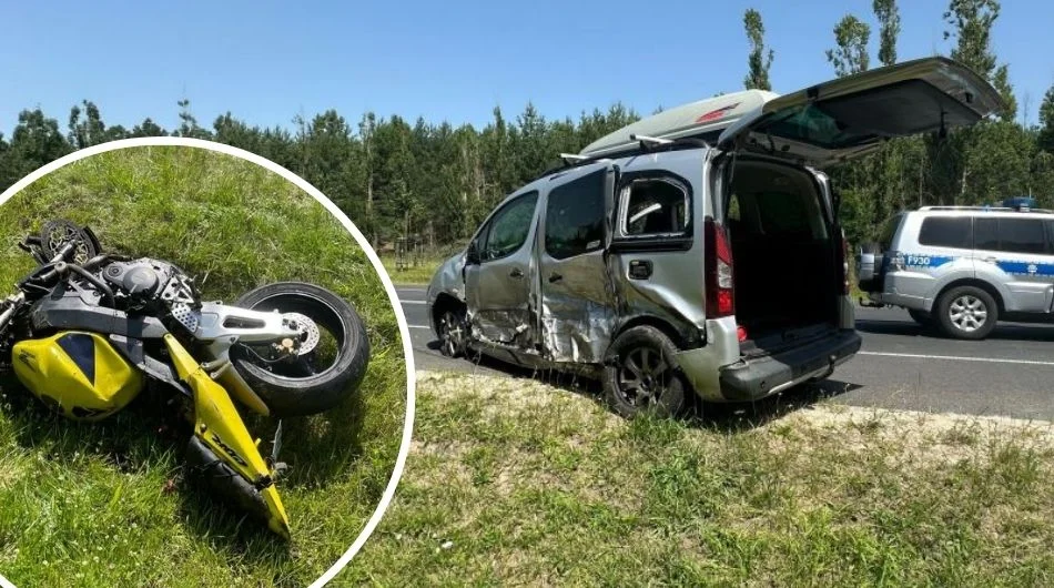 Motocyklem wbił się w bok samochodu. Służby interweniowały w gminie Kleszczów [FOTO] - Zdjęcie główne