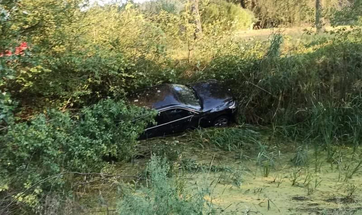 BMW wpadło do stawu pod Bełchatowem. Na miejsce wezwano strażaków z łodzią - Zdjęcie główne