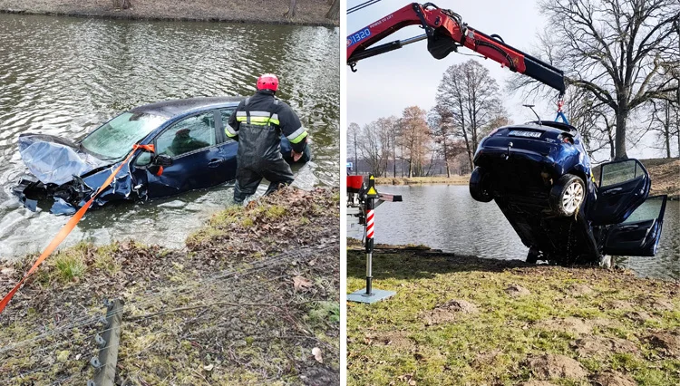 Samochód wpadł do fosy w gm. Zelów. Kierowca ratował się z tonącego auta [FOTO] - Zdjęcie główne