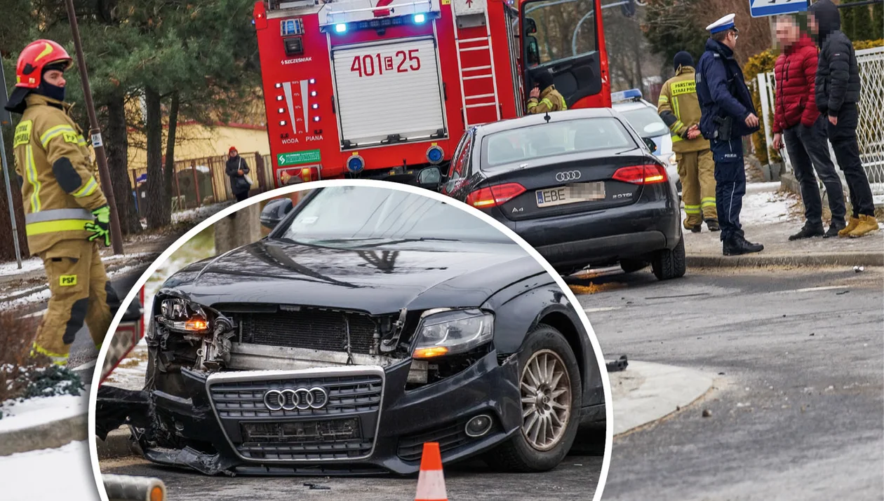 Wóz bojowy zderzył się z osobówką na rondzie w Bełchatowie. Strażacy pędzili do pożaru [FOTO] - Zdjęcie główne