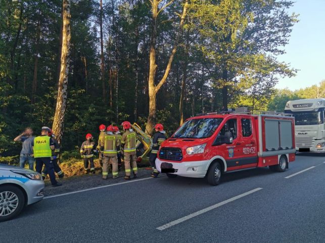 Na oczach policjanta zjechał z drogi i uderzył w drzewo. Ten ruszył rannemu kierowcy z pomocą [FOTO] - Zdjęcie główne