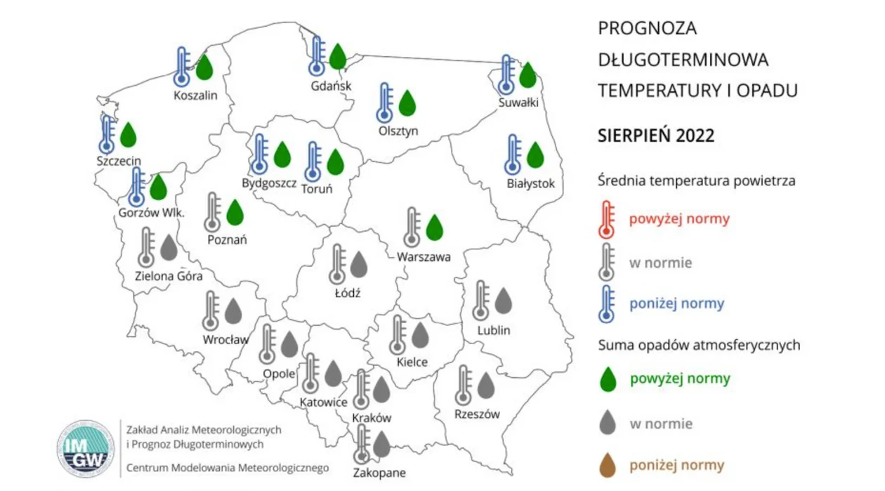 Prognoza średniej miesięcznej temperatury powietrza i miesięcznej sumy opadów atmosferycznych na sierpień 2022 r. dla wybranych miast w Polsce.