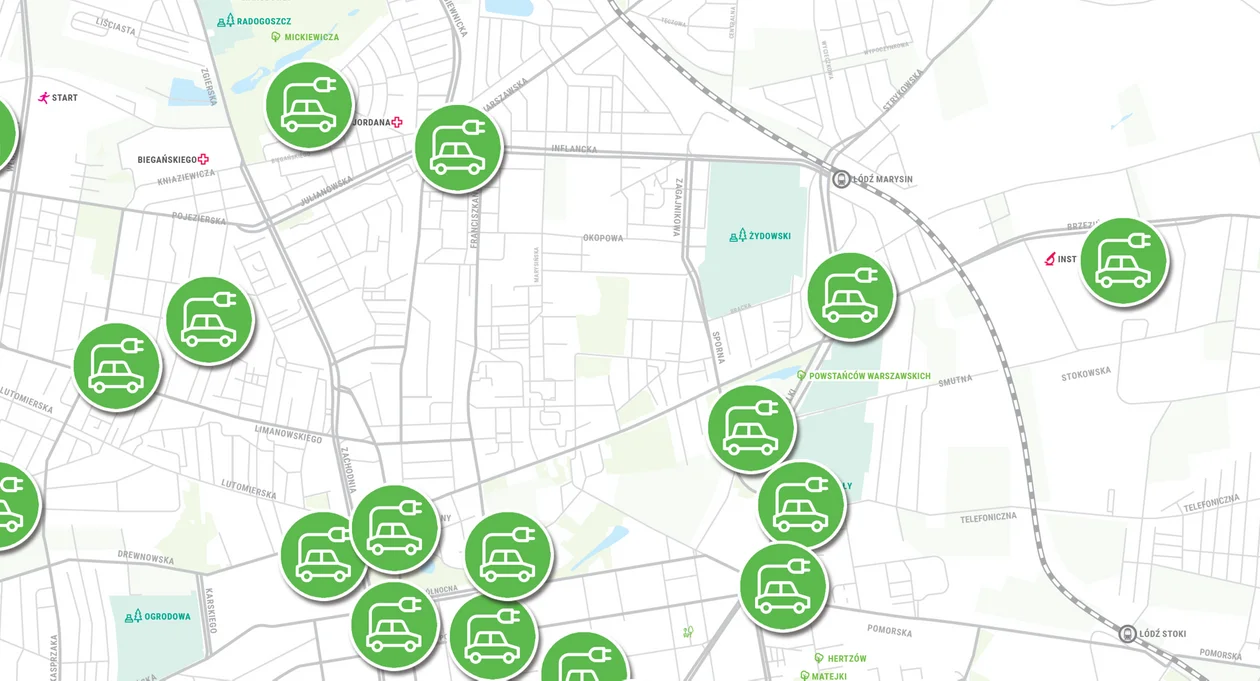 Mapa ładowarek do pojazdów elektrycznych na terenie Łodzi