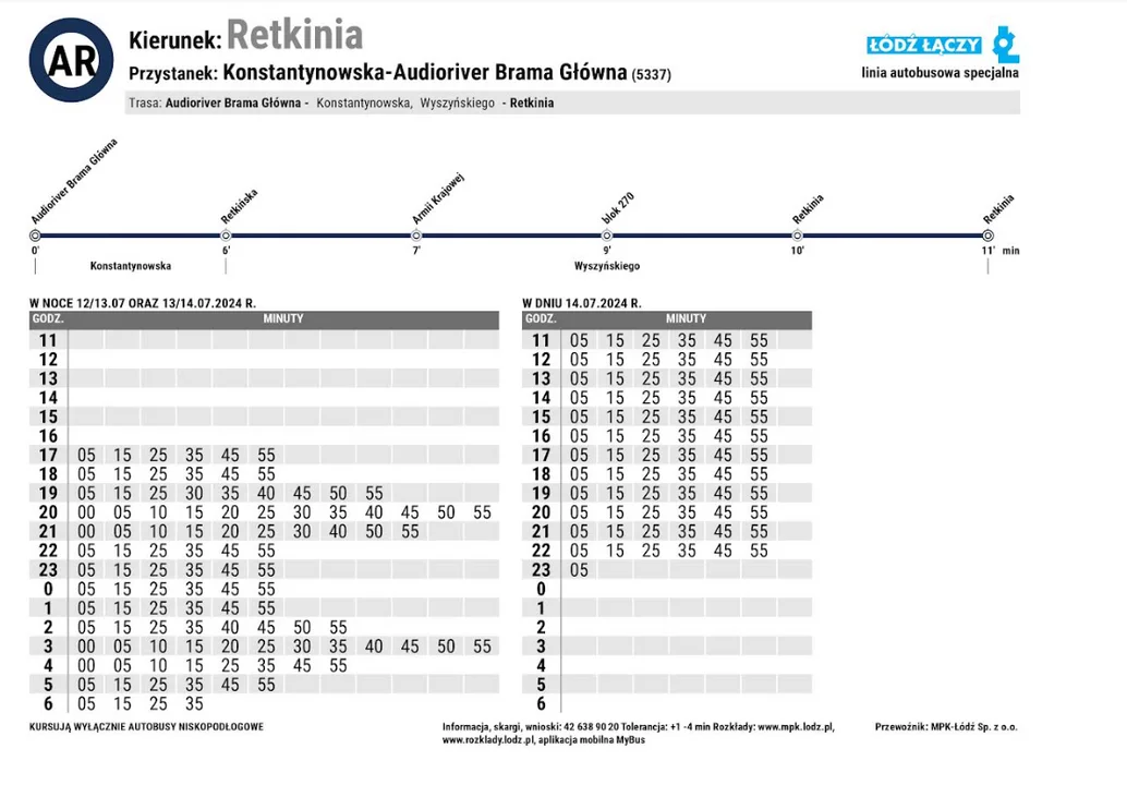 Rozkład jazdy linii specjalnej AR