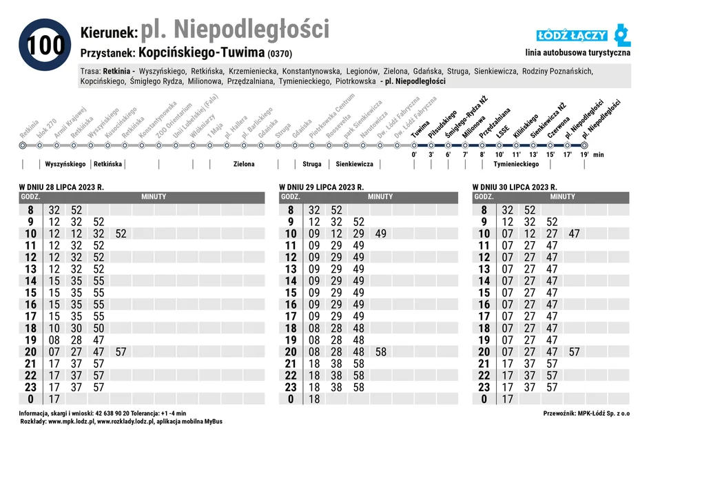 Specjalny rozkład jazdy Łódzkich Linii Turystycznych z okazji 600. urodzin Łodzi