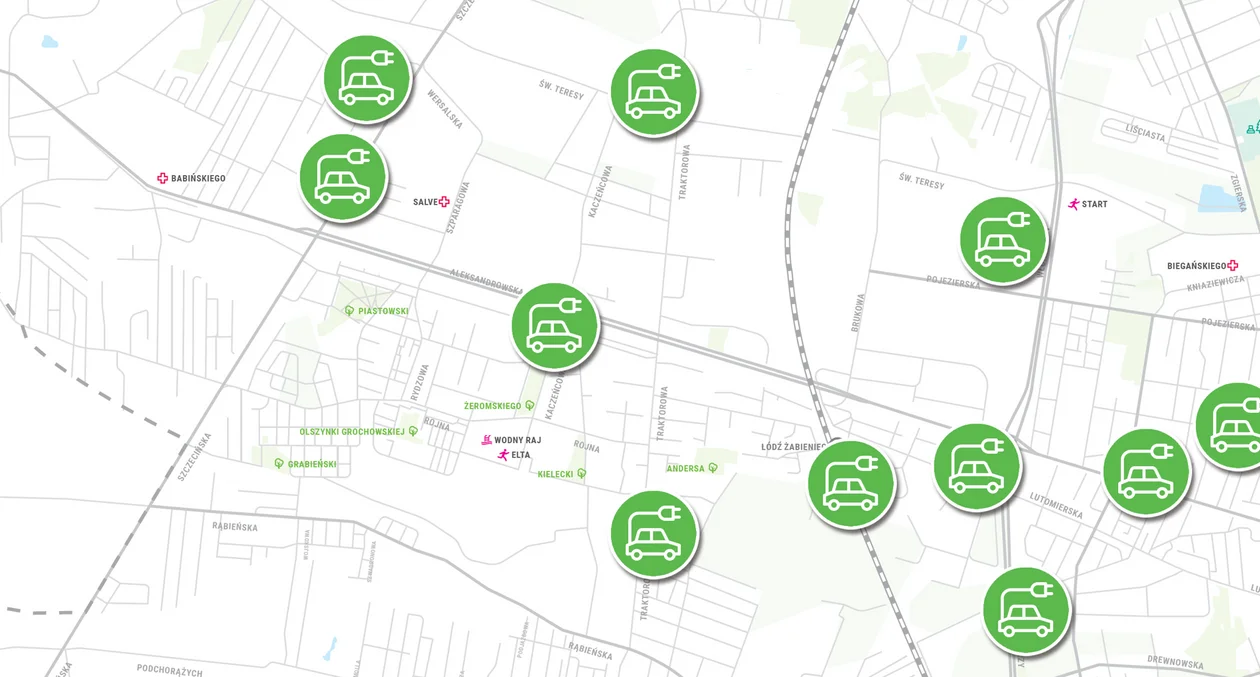 Mapa ładowarek do pojazdów elektrycznych na terenie Łodzi