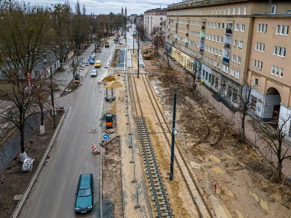 Przebudowa ulicy Wojska Polskiego w Łodzi - stan na luty 2024 r.