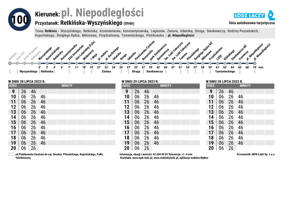 Specjalny rozkład jazdy Łódzkich Linii Turystycznych z okazji 600. urodzin Łodzi