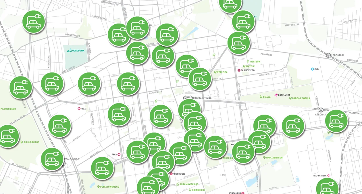 Mapa ładowarek do pojazdów elektrycznych na terenie Łodzi