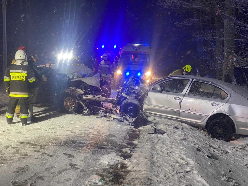 Niebezpieczny wypadek pod Wieluniem. BMW zderzyło się czołowo ze skodą. Na miejsce wezwano wszystkie służby [ZDJĘCIA] - Zdjęcie główne