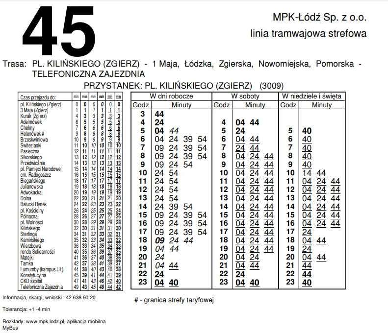 Rozkład jazdy linii 45 od 1.01.2025 r.