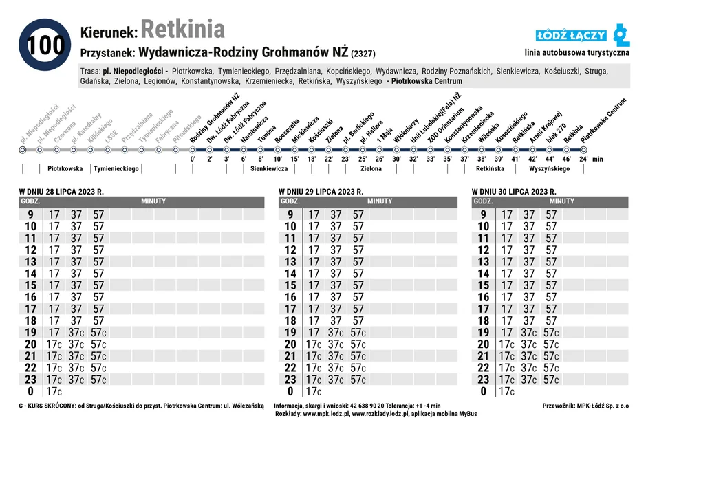 Specjalny rozkład jazdy Łódzkich Linii Turystycznych z okazji 600. urodzin Łodzi