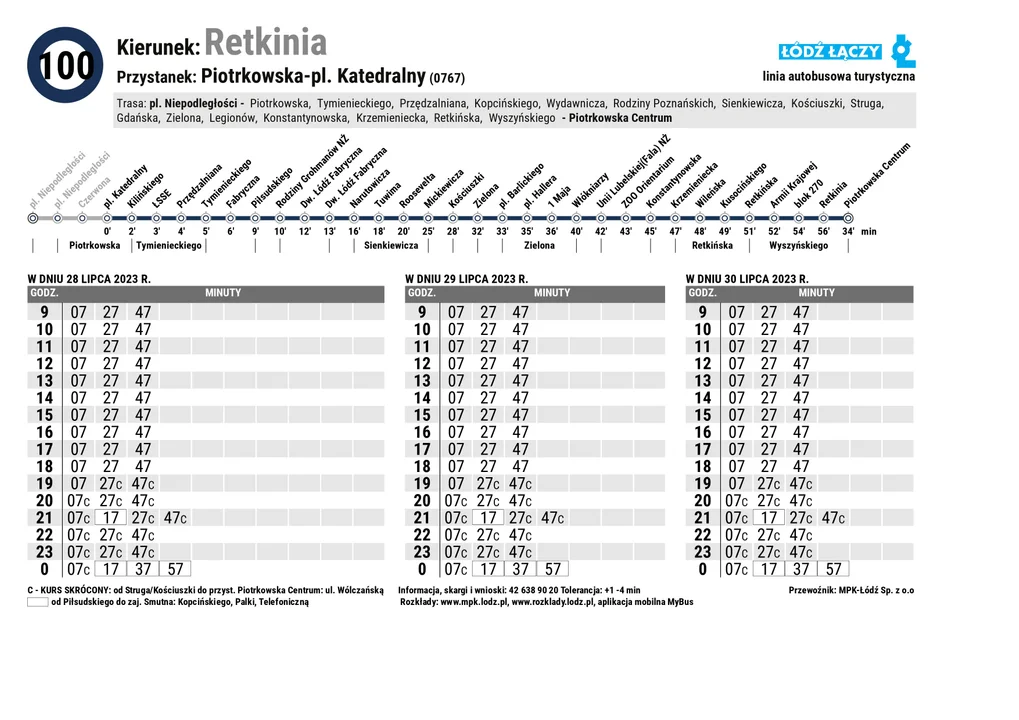 Specjalny rozkład jazdy Łódzkich Linii Turystycznych z okazji 600. urodzin Łodzi