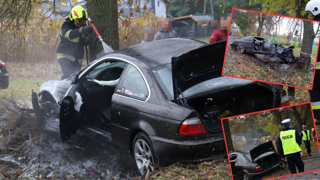 BMW uderzyło w drzewo, potem się zapaliło. Są ranni [ZDJĘCIA] - Zdjęcie główne