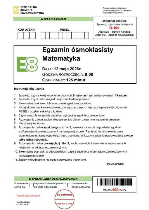 Egzamin ósmoklasisty 2026 z matematyki. Arkusze CKE