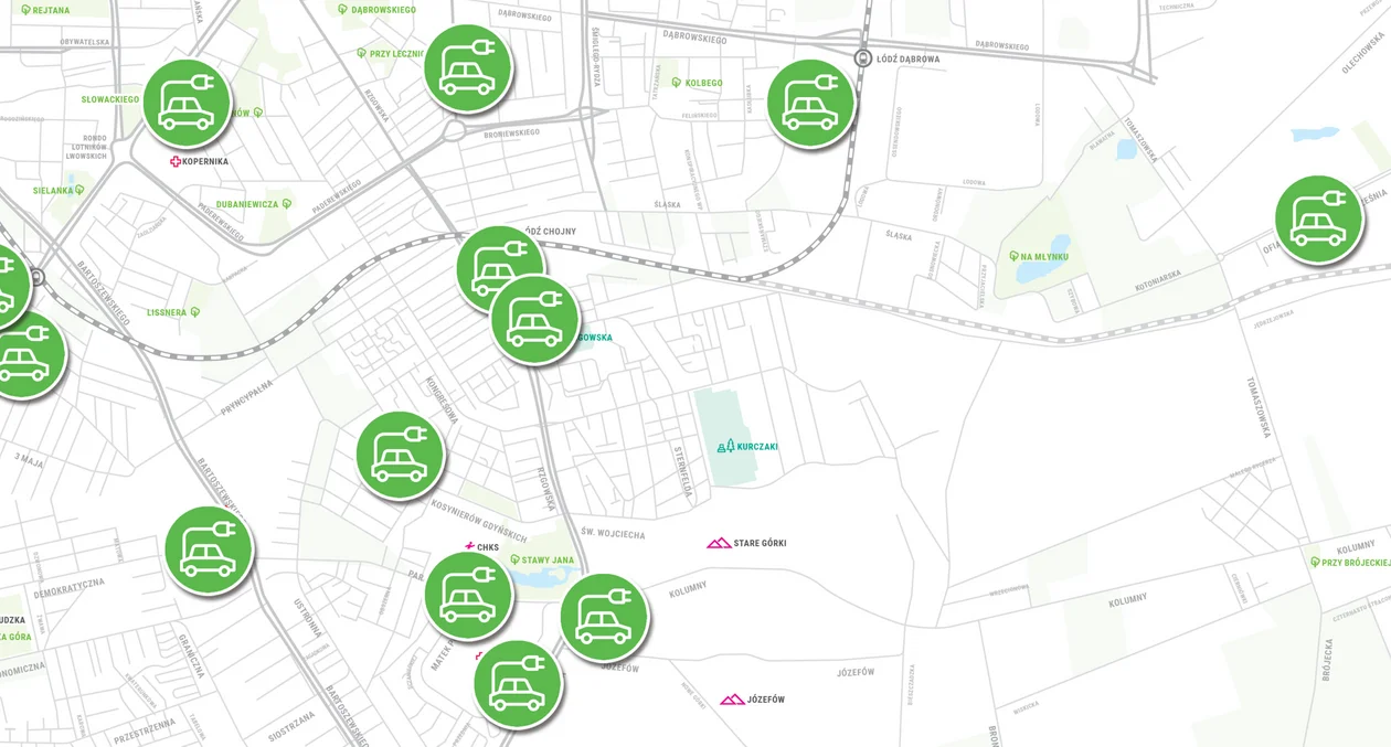 Mapa ładowarek do pojazdów elektrycznych na terenie Łodzi