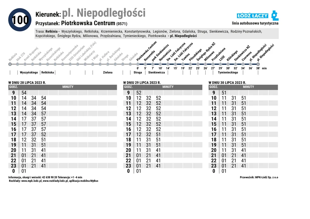 Specjalny rozkład jazdy Łódzkich Linii Turystycznych z okazji 600. urodzin Łodzi