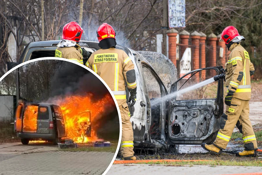 Chwile grozy przy bełchatowskim rondzie. Auto stanęło w płomieniach [FOTO] - Zdjęcie główne