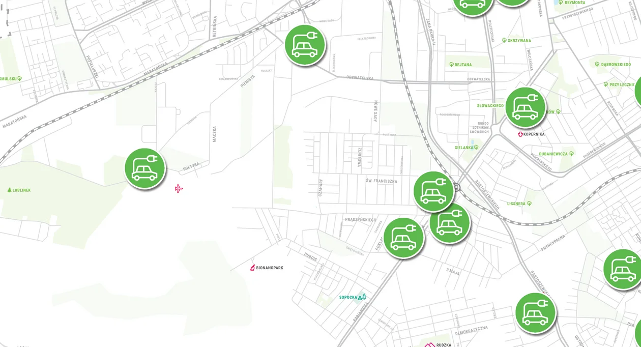 Mapa ładowarek do pojazdów elektrycznych na terenie Łodzi