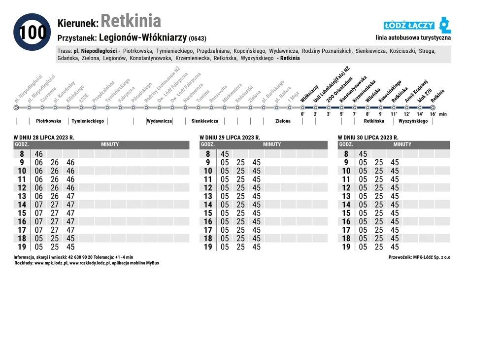 Specjalny rozkład jazdy Łódzkich Linii Turystycznych z okazji 600. urodzin Łodzi