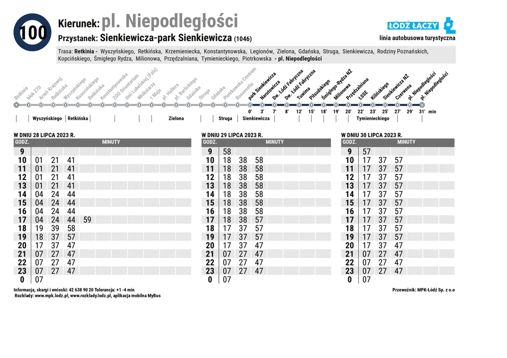 Specjalny rozkład jazdy Łódzkich Linii Turystycznych z okazji 600. urodzin Łodzi