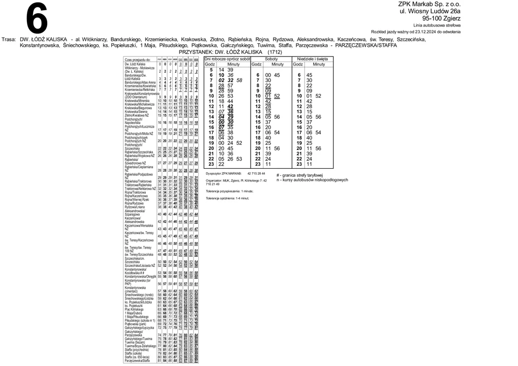 Zmiana rozkładu jazdy linii nr 6 MUK Zgierz