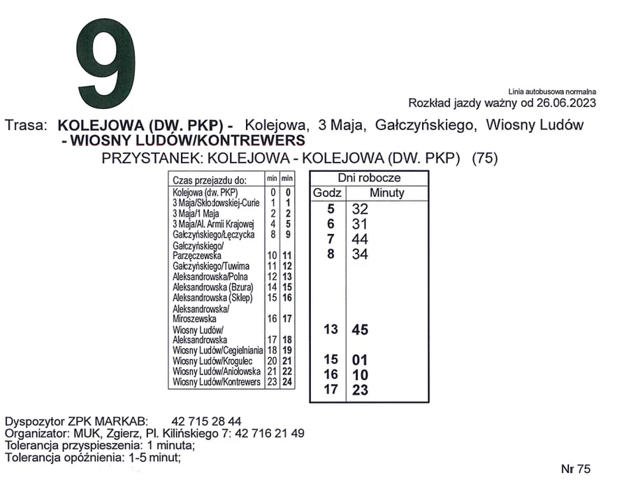 Zmiana rozkłądu linii nr 9