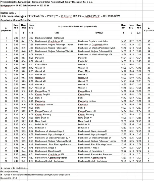 Rozkład jazdy na linii Bełchatów - Poręby - Kurnos Drugi -  Kaszewice – Bełchatów.