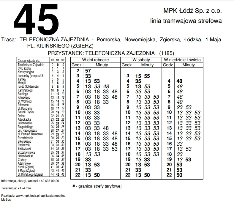 Rozkład jazdy linii 45 od 1.01.2025 r.