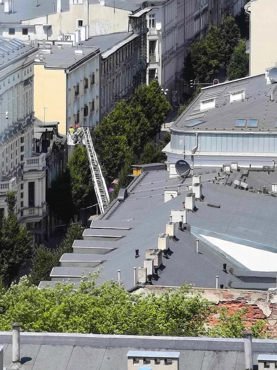 Część dachu kamienicy w centrum Łodzi osunęła się na chodnik