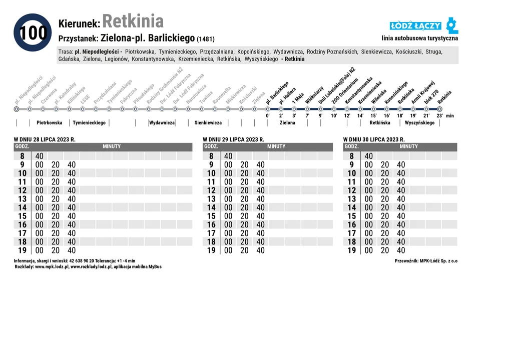 Specjalny rozkład jazdy Łódzkich Linii Turystycznych z okazji 600. urodzin Łodzi