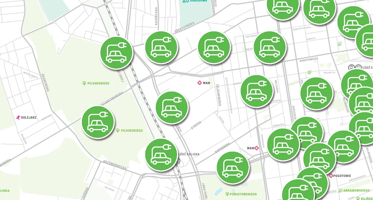 Mapa ładowarek do pojazdów elektrycznych na terenie Łodzi