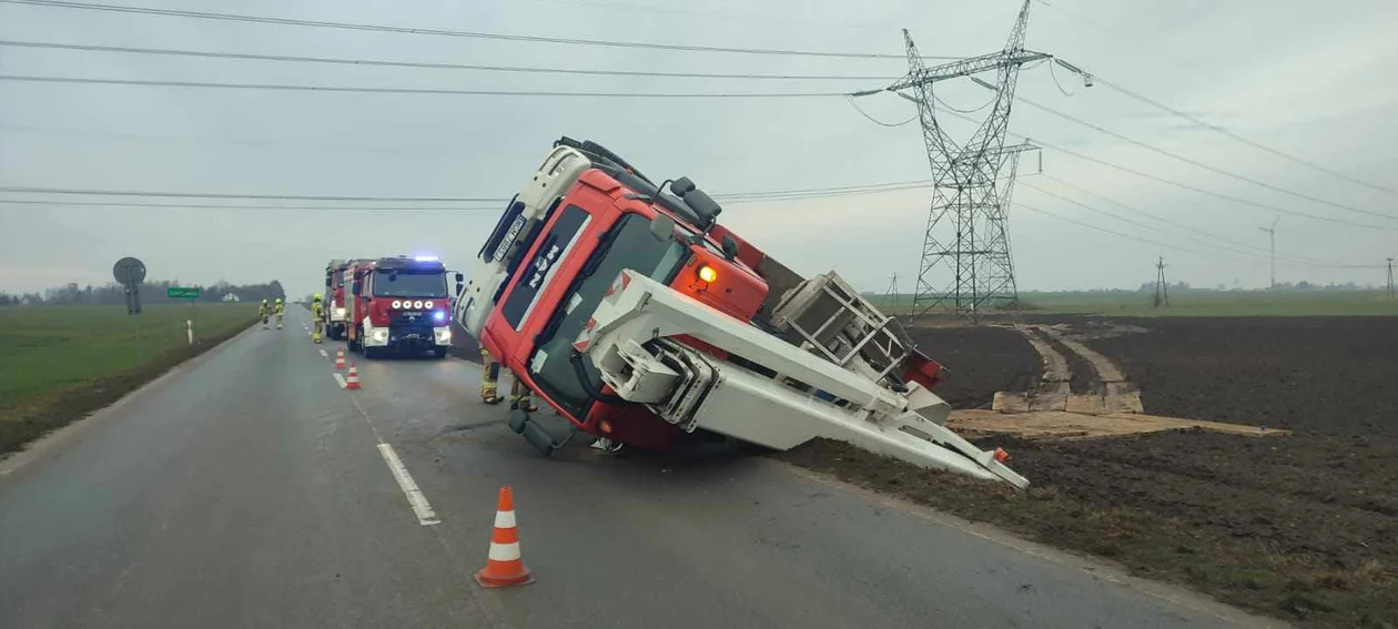 Na drodze pod Płockiem przewrócił się dźwig. Nietypowa przyczyna [ZDJĘCIA] - Zdjęcie główne