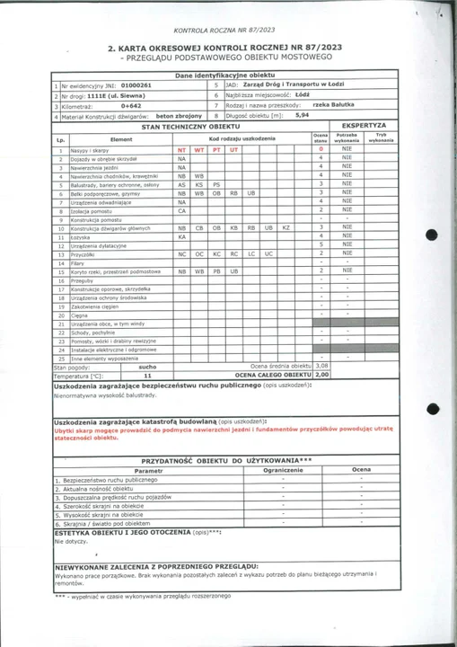 Protokół kontroli okresowej obiektu inżynierskiego tj. mostku na Siewnej