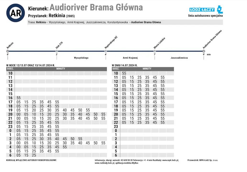 Rozkład jazdy linii specjalnej AR