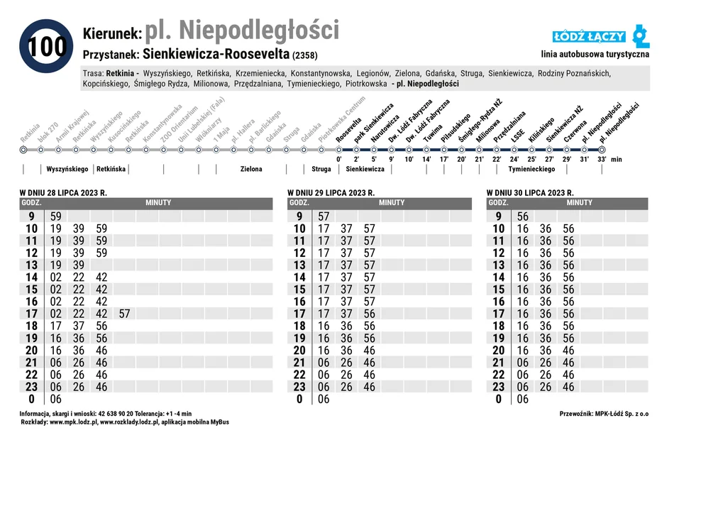 Specjalny rozkład jazdy Łódzkich Linii Turystycznych z okazji 600. urodzin Łodzi