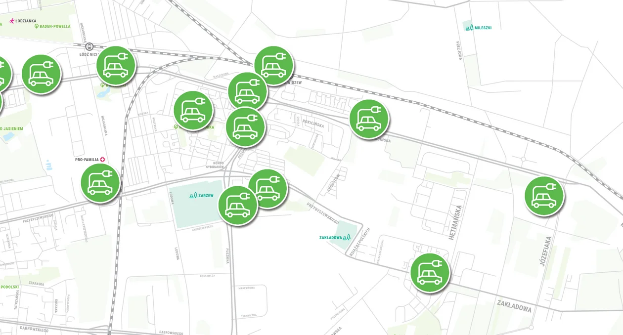 Mapa ładowarek do pojazdów elektrycznych na terenie Łodzi