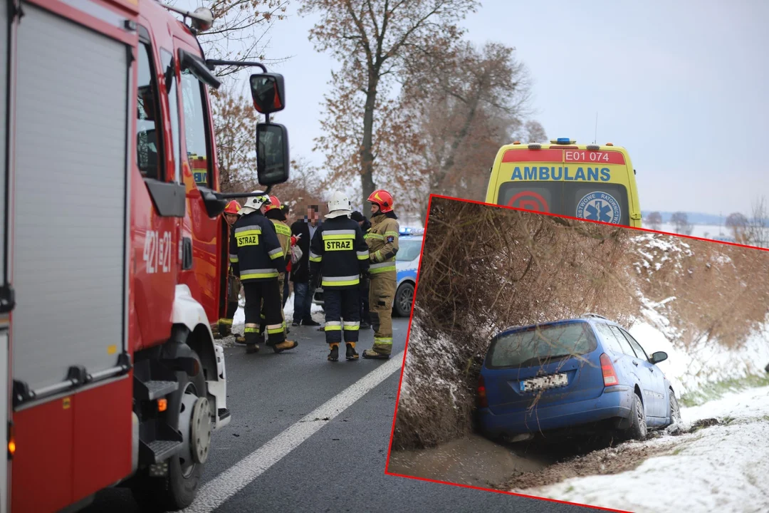 Groźnie na drodze krajowej pod Kutnem. Auto wpadło do rowu, trwa akcja służb [ZDJĘCIA] - Zdjęcie główne