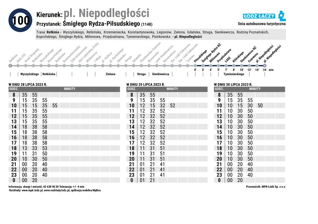 Specjalny rozkład jazdy Łódzkich Linii Turystycznych z okazji 600. urodzin Łodzi