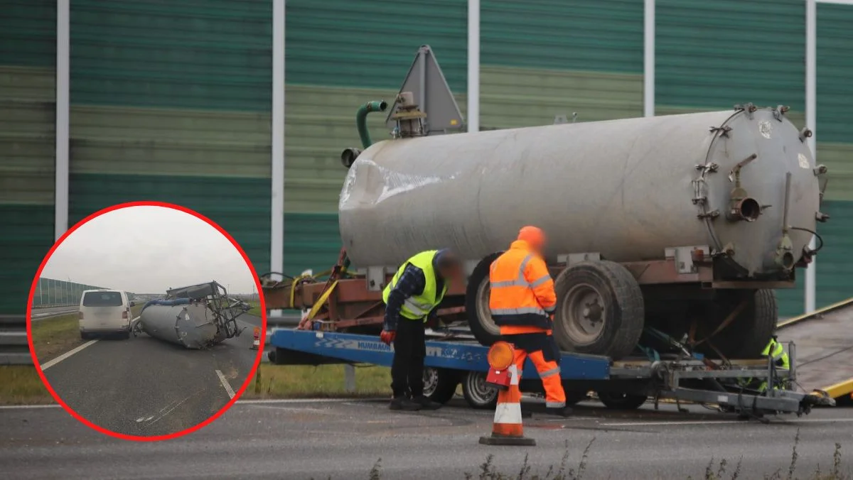 Nietypowo na A1 pod Kutnem. Od auta odłączyła się laweta z wozem do transportu gnojówki [ZDJĘCIA] - Zdjęcie główne