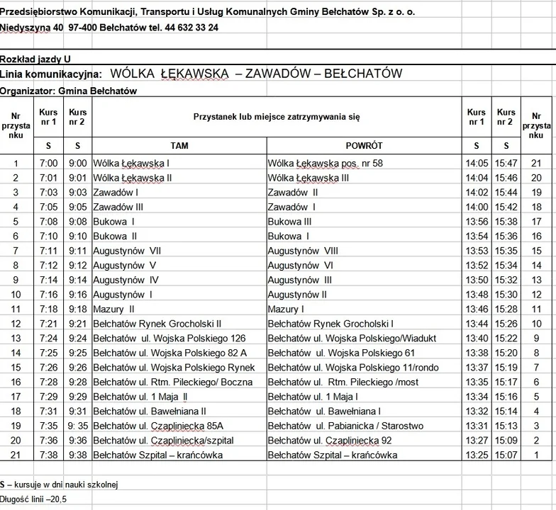 Rozkład jazdy na linii Wólka Łękawska - Zawadów – Bełchatów