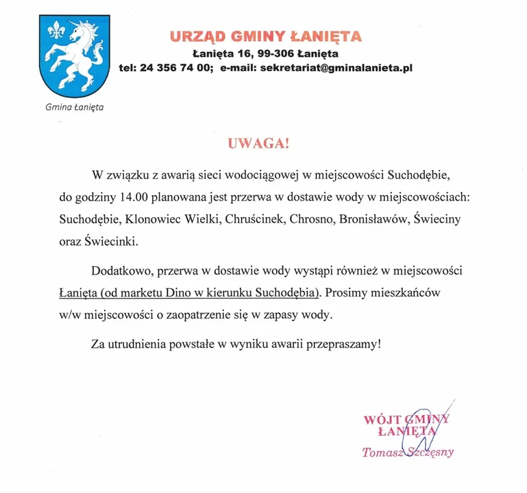 Mieszkańcy kilku miejscowości powiatu kutnowskiego od wielu godzin pozbawieni są dostaw wody