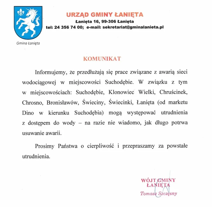 Mieszkańcy kilku miejscowości powiatu kutnowskiego od wielu godzin pozbawieni są dostaw wody