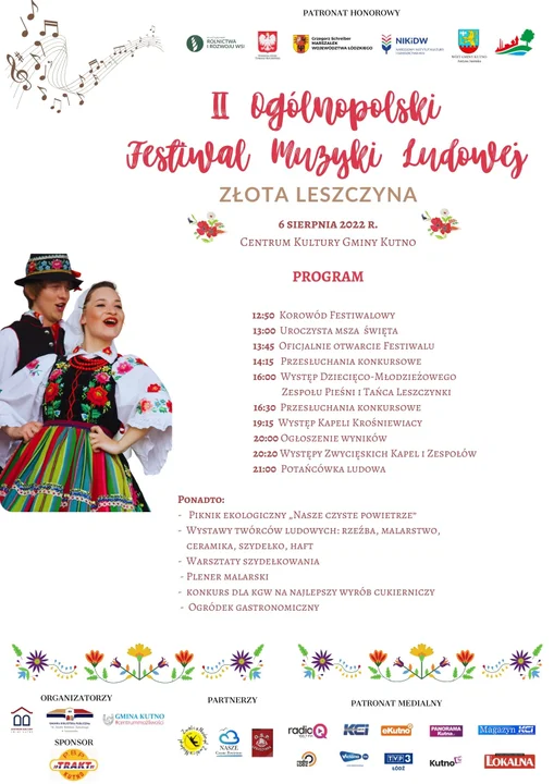 6 sierpnia, godz. 12:50 - 21:00 - II Ogólnopolski Festiwal Muzyki Ludowej "Złota Leszczyna" w Leszczynku