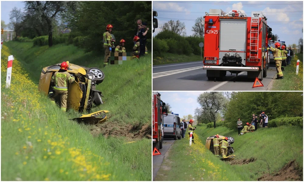 Wypadek na DK 92 w Kutnie. Auto dachowało, co najmniej jedna osoba poszkodowana [ZDJĘCIA] - Zdjęcie główne